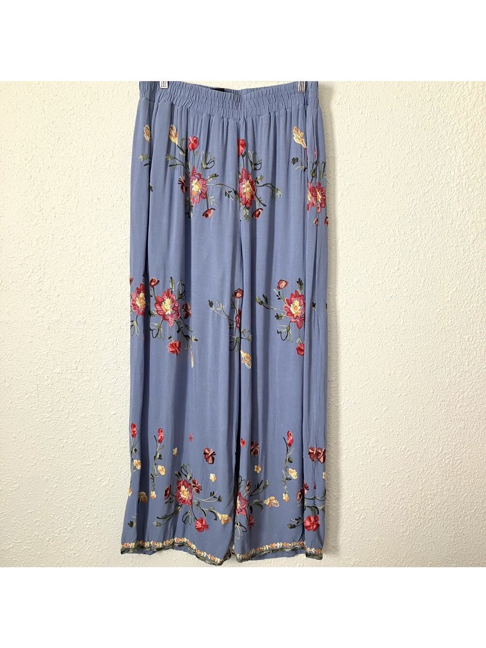 LIV Los Angeles Palazzo Embroidered Wide Leg Pants Blue Boho Floral Festival 1X